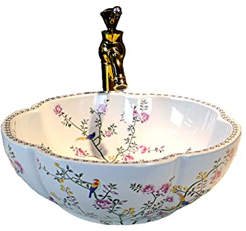 Modern weißes Keramik Aufsatzwaschbecken für Badezimmer mit Blumenform, Blumen- und Vogelmuster Waschschüssel, 1 Waschbecken