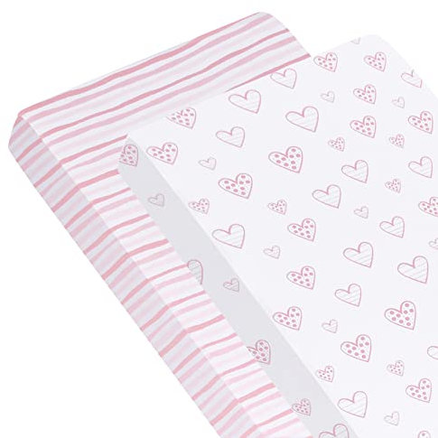 SPRINGSPIRIT Cot Bed Sheets Fitted(140x70cm) 2 Pack, 100% Cotton Jersey Sheets for Standard Cot Mattress, Ultra Soft and Breathable Toddler & Baby Bed Sheets, Pink Hearts & Stripes for Little Girl