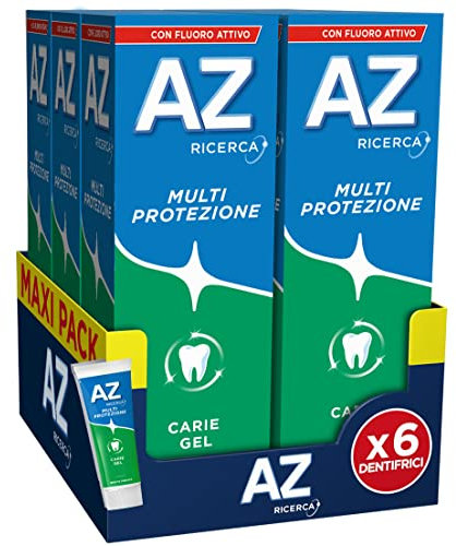 AZ Ricerca Dentifricio Multi Protezione Carie Control Gel, Ideale per la Famiglia, Bambini dai 6 anni in su, Menta Fresca, Maxi Formato da 6 Confezioni X 75ml