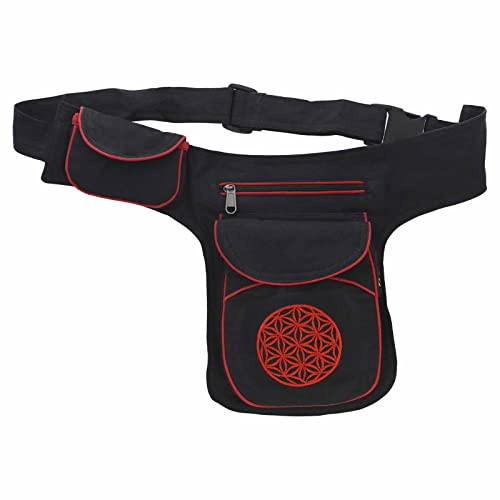 Hüfttasche Bauchtasche Gürteltasche Bauchgurt Festivaltasche Blume des Lebens, Farbe:Schwarz/Rot