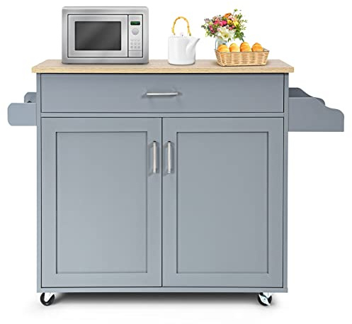 GYMAX Carrello Portata da Cucina, Armadietto a 2 Livelli, Ripiano Interno Regolabile, Credenze Mobili con Ruote, Ante Doppio, Cassetto, Portaposate, Portasciugamani, 116x40x85 cm, 5 Colori