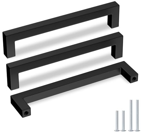 Goldenwarm 30 Pack 6-1/4in Black Cabinet Pulls Kitchen Cabinet Handles Matte Black Dresser Drawer Pulls Square Bar Stainless Steel Modern Hardware for Bathroom Cupboard (160mm)
