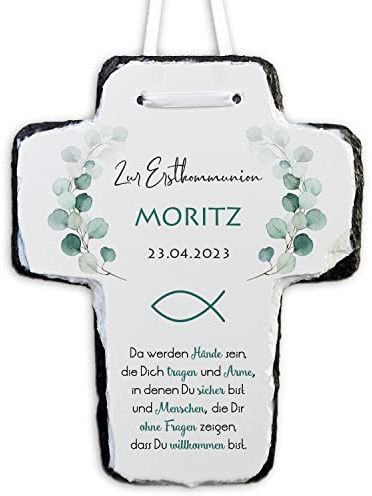 Feenstaub Personalisiertes Kreuz Kommunion, Kreuz zur Konfirmation, Firmung, Schieferkreuz bedruckt, Kinderkreuz, Geschenke ersten heiligen Kommunion Eukalyptus