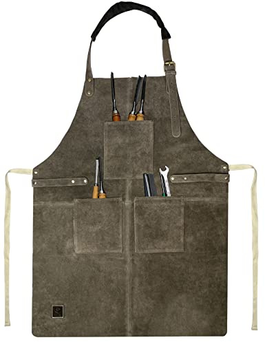 Leder Grillschürze Herren Frauen - Arbeitsschürze mit Werkzeugtaschen XXL | Wildleder, 3 Fronttaschen, Handtuchschlaufen, BBQ, Grillen, Holzarbeit Werkstatt, Verstellbar Kochschürze Geschenk für Männer