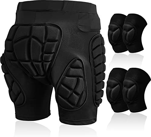Lewtemi 3 Set Protective 3D Padded Hip EVA Short Pants Knee Pads Elbow Set Winter Protection Hip Pads Thick Non Slip Knee Sleeve Elbow Guard for Men Women Kid Ski Ice Skating(Black,Medium,Simple)