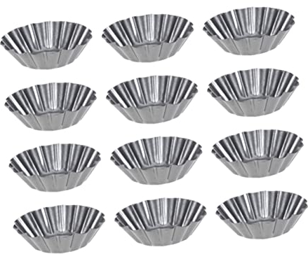 BESTonZON Chrysanthemum-Shaped Carbon Steel Tart Pans 12pcs Non-Stick Flower Muffin Baking Molds Reusable Egg Tart and Cupcake Moulds for Kitchen 2.95 Inch Black