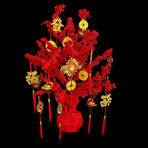 LOONELO Artificial Money Fortune Tree -19.7inch, 2026 Spring Festival Lunar New Year Fortune Tree with Wealth Coins, Ingot, Fu, Knot for Asian Chinese Japan Vietnamese Horse New Year Decorations