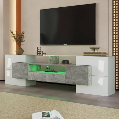 Sweiko Meuble TV Bas avec éclairage LED, Commode avec Beaucoup d'espace de Rangement, Forme Unique avec Surfaces en Verre, Design Moderne (Grey, 200 L x 35 B x 60 H)