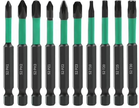 Saipe 10 Stück 70 mm Phillips PoziDriv Torx-Schraubendreher-Bit-Set, magnetisch, 1/4-Zoll-Sechskantschaft, Schlagschrauber-Bits, Kreuzschlitz, Pozi-Kopf, lange Bohrer, Torx-Bit-Set