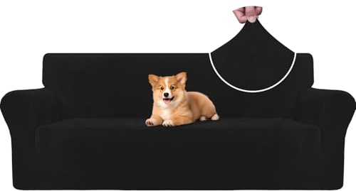 CYCMACO Samt Sofa Überzug 3 Sitzer, Sofabezug Elastische, Couch Überzug Haustier Katze Hunde, Universal Sofa Cover Moderne, Sofahusse Mit Armlehnen, Sofaschoner rutschfest, Schwarz