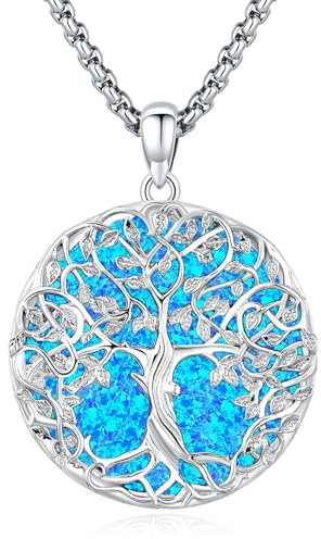 Eusense Árbol de la Vida Collar Colgante Plata de Ley 925 con Ópalo Azul Árbol de la Vida Collar Cadena Joyería Regalo para Mujeres Niñas