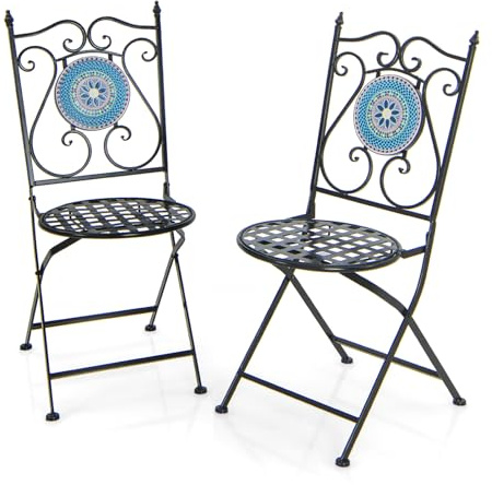 GYMAX Set di 2 Sedie da Giardino Pieghevoli, Sedie Mosaico con Schienale, Struttura in Metallo, Aspetto Moderno per Balcone, Patio, 55 x 42 x 94 cm (Stile 2)