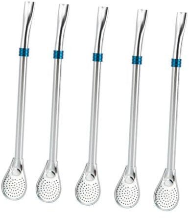 COLLBATH 5pcs Mixing Spoon Strainer Straw Stainless Steel Kitchen Utensils Strainer Straws Stirring Spoon