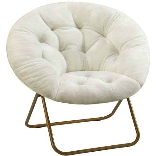 Oversized Folding Saucer Chairs, Foldable Lounge Lazy Chair, Comfy Saucer Chair, Foldable Comfy Padded Moon Chairs for Adults with Cozy Faux Fur (White)