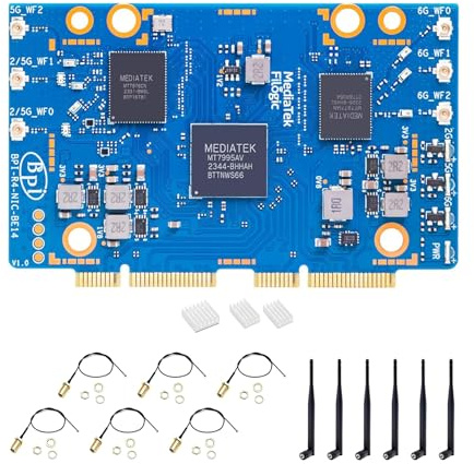 Banana Pi BPI-R4 NIC BE14 WiFi 7 Module for BPI-R4 Wireless Tri-Band WiFi Router Board OpenWRT, MediaTek MT7995AV CPU 32 bits RISC-V MCU, with 6X 2G/5G/6GHz WiFi Antenna (WiFi7 NIC Module)