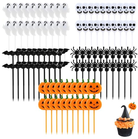 Simsky 100 Pièces Halloween Cupcake Topper, 5 Styles, Décorations de Cupcakes, Decoration Gateau Halloween, Chauve-souris, Fantôme, Citrouille et Araignée pour Fête d'Halloween