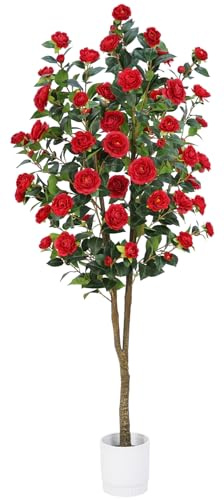 Artificial Camellia Tree 6FT – Lifelike Faux Plant in Pot for Indoor and Outdoor Decoration, Tall Camellia Flower Tree for Home, Office, and Patio, Low Maintenance, Perfect Housewarming Gift