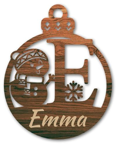 Urhome Weihnachtskugel personalisiert mit Wunschtext Gravur Buchstabe E mit Schneeman Motiv Dunkel Braun - Ornament Christbaumschmuck Weihnachtsdeko Weihnachtsbaum Anhänger aus 6,5mm Holz