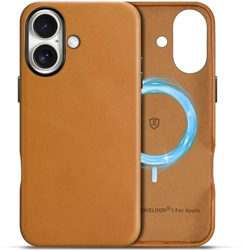 SHIELDON Lederhülle für iPhone 16, Schutzhülle [Magnetisc Kabelloses Laden] [Kratzfest] [Einfach Aussehen] Echtleder Cover Stoßfest Hüllen Kompatibel mit iPhone 16 5G 6,1 2024 Retro Hellbraun