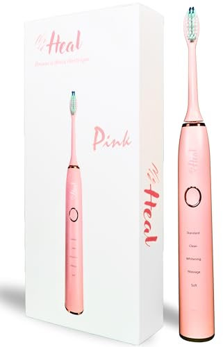 * MY HEAL * | Brosse à dent électrique Sonique | 3 Mois d'Autonomie | 5 Modes de Brossage avec Minuteur de 2 Min intégré | Rechargeable USB | Pack 1 BROSSE A DENT et 2 TETES DE BROSSETTES (Rose clair)