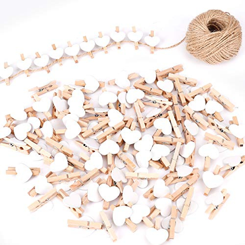 Mini Holzklammern Herz Holz Klein Wäscheklammern Holzklammern Zierklammern mit 30m Natur Juteschnur für die Hochzeit Party Fotohalterkarte Dekoration und Basteln 100 Stück Weiß