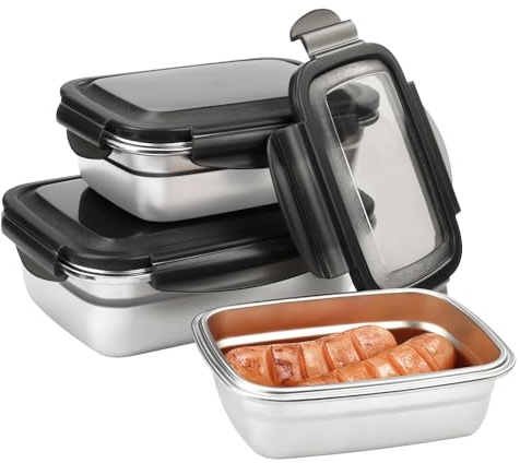 EUIEUT 3 Pack Stainless Steel Food Storage Containers with Lids, Stackable Metal Lunch Box Reusable Airtight Meal Prep Food Container Metal Bento Box for Adults Kids Office School (850ml+550ml+350ml)