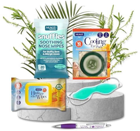 Hayfever Relief Bundle | 30 Hayfever Wipes, 10 Cooling Eye Pads, 20 Soothing Nose Wipes, Cooling Gel Eye Mask & Sinta Gifts Pen | Allergy Relief for Itchy Eyes, Runny Nose & Sinus Comfort