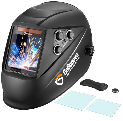 GoGonova Casco per saldatura automatico, maschera per saldatura con 4 sensori, ampio campo visivo (100 x 97 mm), ampia ombreggiatura DIN 4/5-9/9-13, sensibilità e tonalità regolabili, per SMAW, MIG