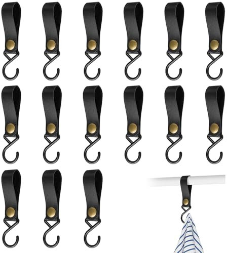 Celepoir 15 Piezas Ganchos para Colgar, Ganchos en S de Cuero, Negro 8x2 cm Gancho en S de Plástico para Colgar, Gancho en S con Correa de Cuero, Ganchoes en S para Perchas, Armarios, Camping y Baños