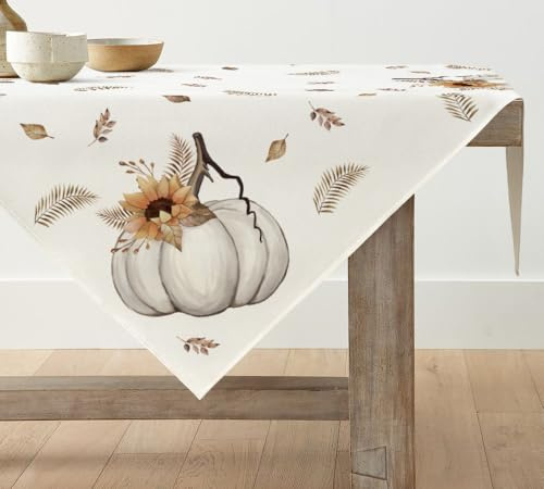 Artoid Mode Streifen Kürbisse Blätter Herbst 100x100 cm Tischdecke | Saisonal Fall Tischwäsche Küche Tisch Dekoration Drinnen Urlaub Party Dekor