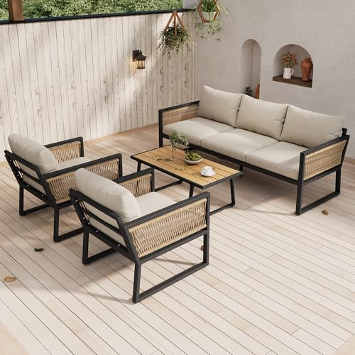 GigaXynium Garten Loungesessel Set, 4-TLG. Gartenmöbel Set, 3er Sofa, 2 Sessel und Couchtisch, Tischplatte aus Kunststoffholz, Armlehnen aus geflochtenem Seil