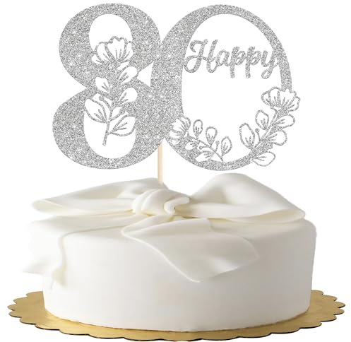Xsstarmi 1 Pack Happy 80th Birthday Cake Topper Silver Glitter 80 Cake Pick Cheers to 80 Birthday Cake Decorations for Happy 80th Anniversary Party Cake Decoration Supplies