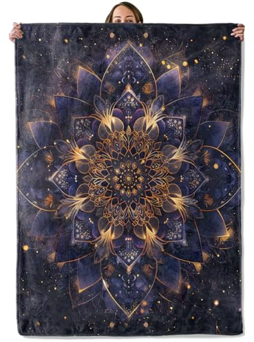 Mandala Gifts, Gold and Purple Celestial Flower Blanket for Adults Women Kids, 50x60 in, Cozy Fuzzy Warm Soft Throw Blankets for Bedroom, Camping, Couch, Decor