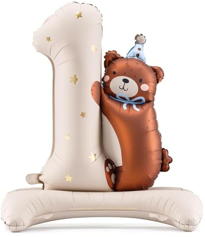 Gleemix Luftballon Geburtstag 1, Bär Folienballon XXL, Creme Teddybär mit Standfuß selbststehend Luftballon, für 1. geburtstag junge, Kindergeburtstag, 97x75cm