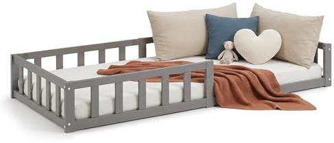 Homestyle4u Kinderbett 90x200 cm Grau mit Rausfallschutz Bodenbett | Montessori Bett aus massivem Kiefernholz inklusive Lattenrost, Kleinkindbett bodentief mit 25 cm hoher Umrandung