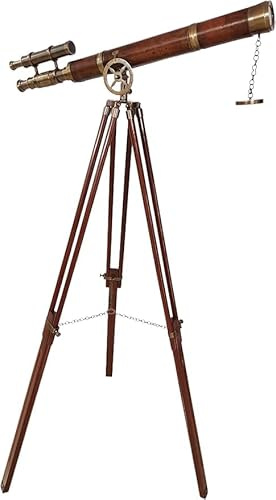 Nautisches Doppelrohr-Teleskop aus Messing, antikes Finish, braunes Premium-Lederrohr-Teleskop im Vintage-Stil, bodenstehendes Holzstativ für Heimdekoration und Büro
