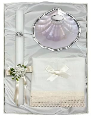 Estuche Paño de Lino, Vela y Concha Bautismo (Grabado incluido) (Concha cristal nacarado con baño de plata)
