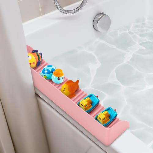 LuLobtg Bathtub Splash Guard, Silicone Tub Water Shelter with 4 Suction Cups for Kitchen and Bathroom, Bath Kids Toys Storage Tub Toddler Play Shelf Tray for Shower Desk Vanity Sink(Pink)
