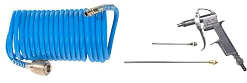 Güde Druckluft-Spiralschlauch 5 mm / 5 m (max. 11 bar, mit Knickschutz, inkl. Schnellkupplung und Stecknippel) & Güde Druckluft-Ausblaspistole 3-tlg. (Alu-Druckguss-Gehäuse, IG 1/4, max. 8 bar)
