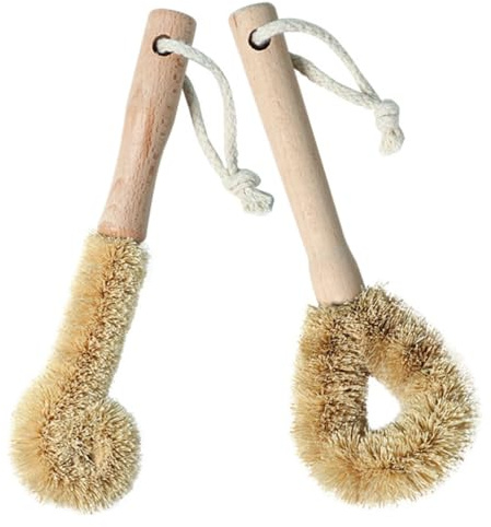 DECOMELODY 2Pcs Natural Palm Dish Brushes with Wooden Handles High Density Bristle Scrub Brushes for Cast Pots Pans Bottles and Kitchen Cleaning Tools