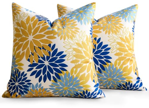 LRartdeco Juego de 2 Funda Cojin 45 x 45 Moderna Dalia Funda Almohada Amarillo y Azul Cojines Sofa Exterior Decorativo Pillowcase para Balcón Patio Silla Salon Dormitorio
