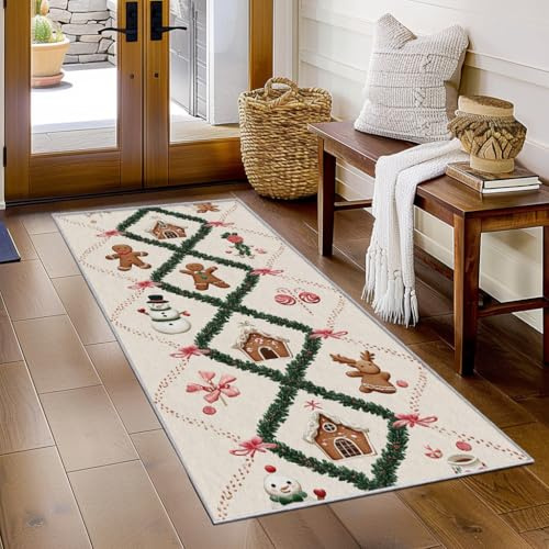 Generisch Läufer Flur Weihnachten, Waschbarer Teppich Läufer Lebkuchenmann Schneemann 60x120, Küchenteppich, Eingangsbereich, Bettvorleger, Schlafzimmer Deko, rutschfest, Kurzflor i102