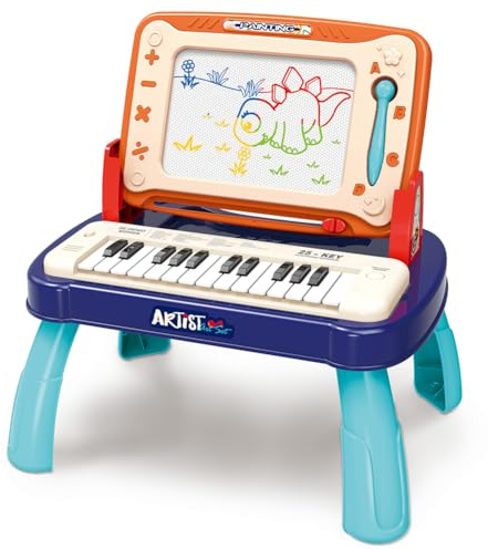 BAKAJI Lavagna Magnetica con Pianola per Bambini Giocattolo Creativo ed Educativo con Suoni, Piano Musicale e Lavagnetta per Sviluppo Abilità Creative, Idea Regalo per Disegno, Musica