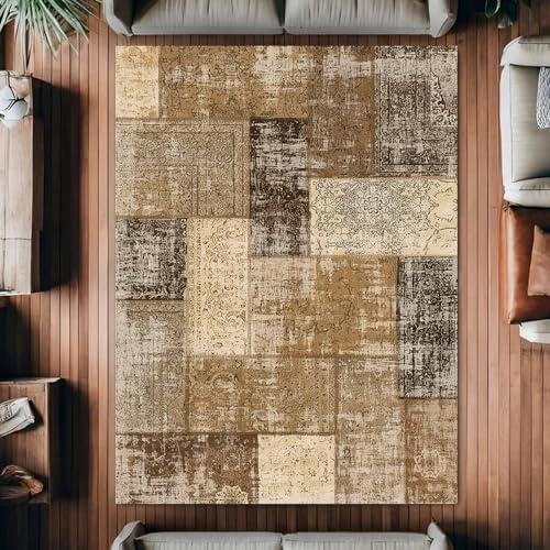 VARIKASHOM Vardagsrumsmatta heminredning, moderna interiörmattor för sovrum, vintage shabby chic lapptäcke, brun, 140 x 180 cm