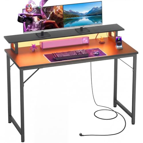 iSunirm Mesa Gaming con LED y Enchufes 100x50cm, Escritorio Gaming con Soporte para Monitor y Puertos USB, Escritorio Pequeño para Ordenador para Habitación y Oficina, Negro