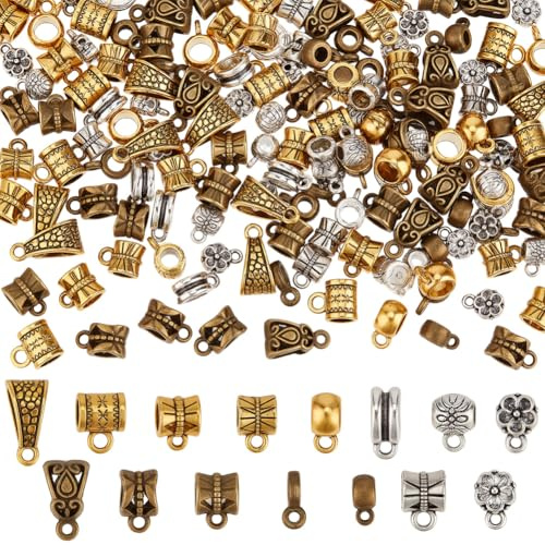 PONABEADIY 1 scatola, 15 stili, 150 pezzi, Perline Tibetane Miste, Connettori, Perline Ad Anello In Lega, per Tubi Metallici, Distanziatori, Ganci, Ciondoli Europei In Argento Dorato Antico, Perline p