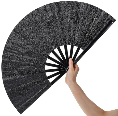 Grevosea Large Folding Hand Rave Fan, 13 Glitter Holographic Rave Folding Fan with Fabric Case for Men Women Line Dancing Big Clacking Clap Festival Fans Foldable for Dance Music Festival Party Blac