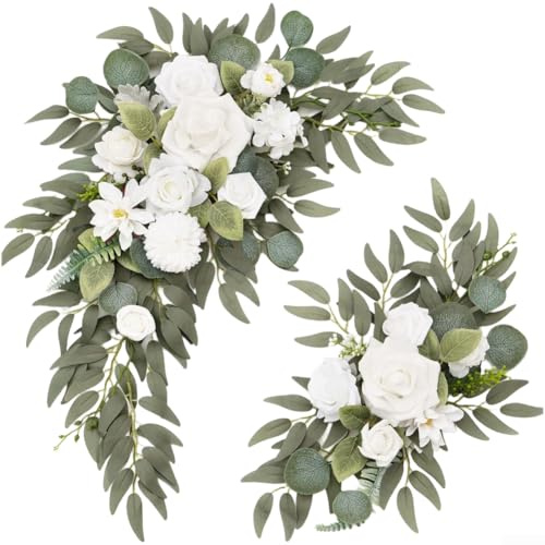 Set di due festoni di fiori artificiali per cerimonie di nozze e feste ricevimenti decorazione d'ingresso realistica seta finta ghirlanda floreale da appendere alla parete 60 x 40 cm (bianco)