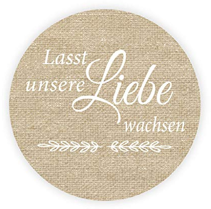 100 Stk Lasst unsere Liebe wachsen Aufkleber - VINTAGE style Burlap Effekt Stickers - Liebe Saat Hochzeitssticker, 4cm Runde Blumensamen Etiketten für die Hochzeit,Taufe,Gastgeschenk,Tüten - UNI 720