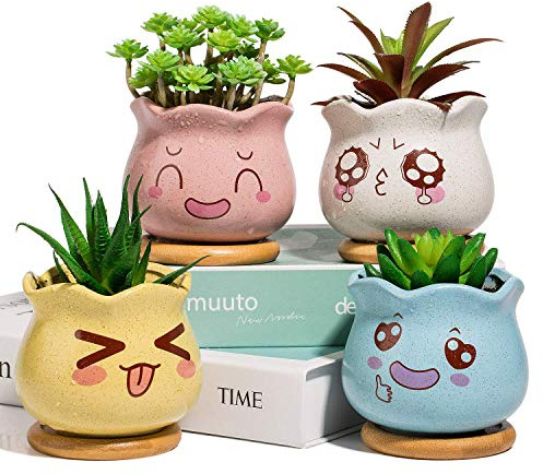Yangbaga Mini Blumentöpfe mit Untersetzer, Keramik für Sukkulenten, Töpfe Kaktus Pflanze Töpfe mit Bambus-Untersetzer, 4 Farben Set, (Weiß, Rosa, Gelb, Blau)
